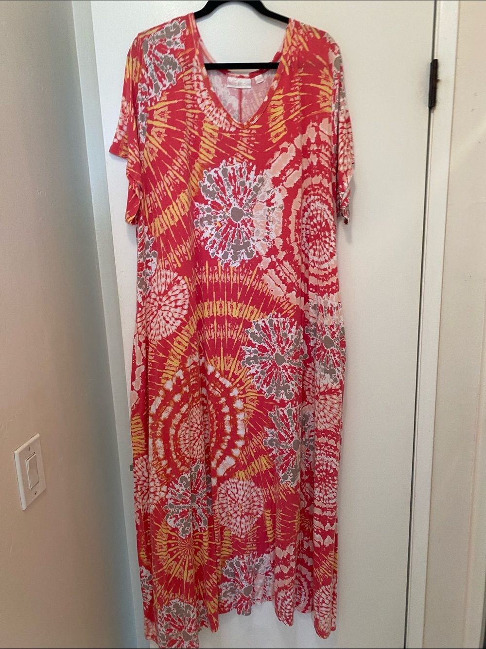 Belle by Kim Gravel Coral Pink and White Tie-Dye V-Neck Maxi Dress 3X
